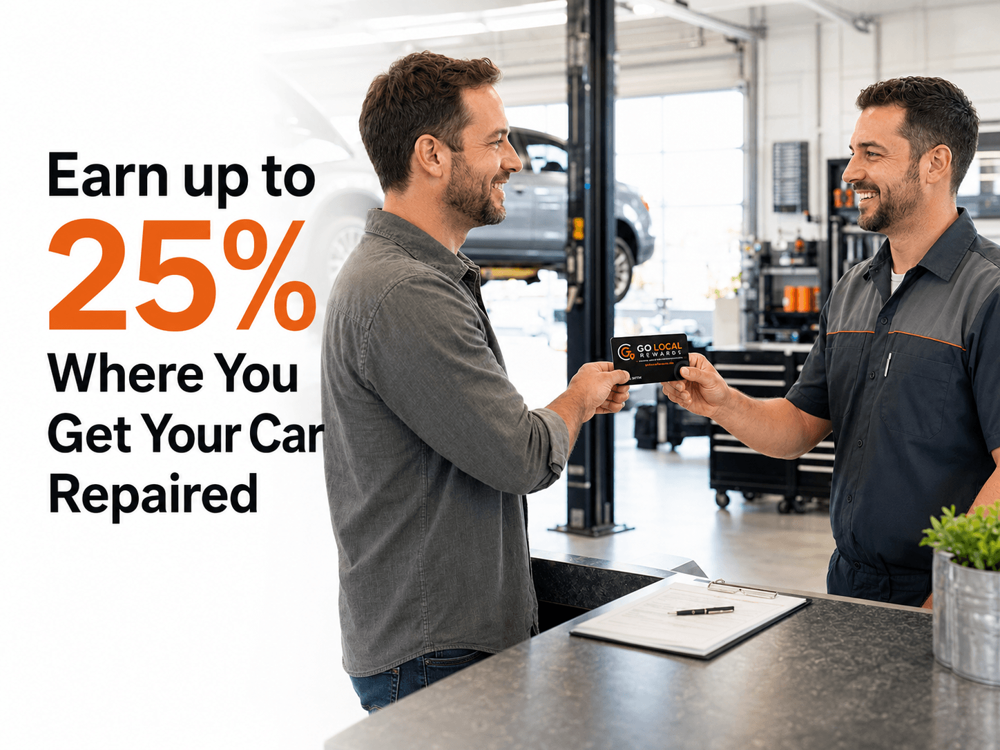 Customer using a Shop Local Rewards card at an auto repair shop