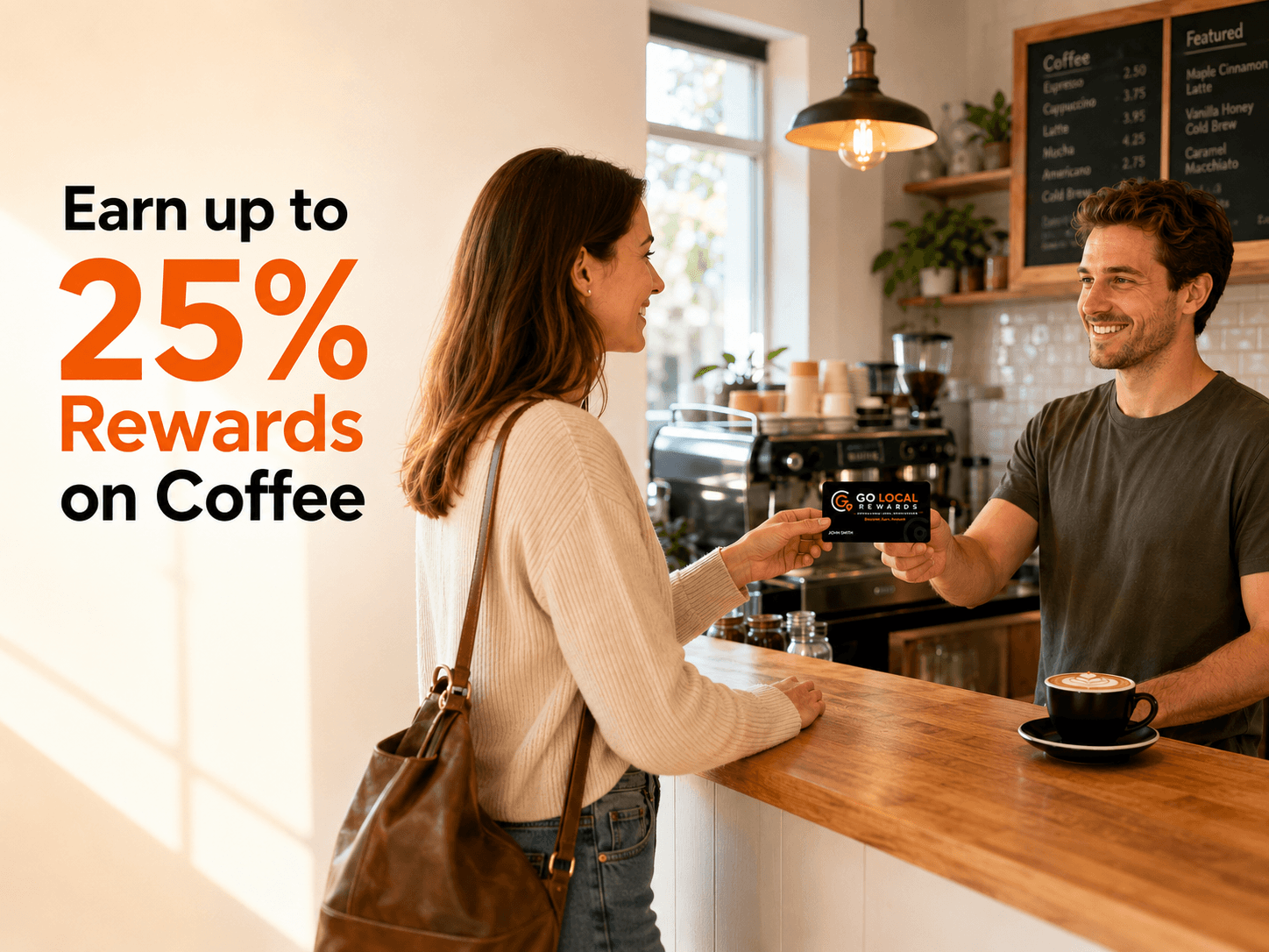 Customer using a Shop Local Rewards card at a local coffee shop