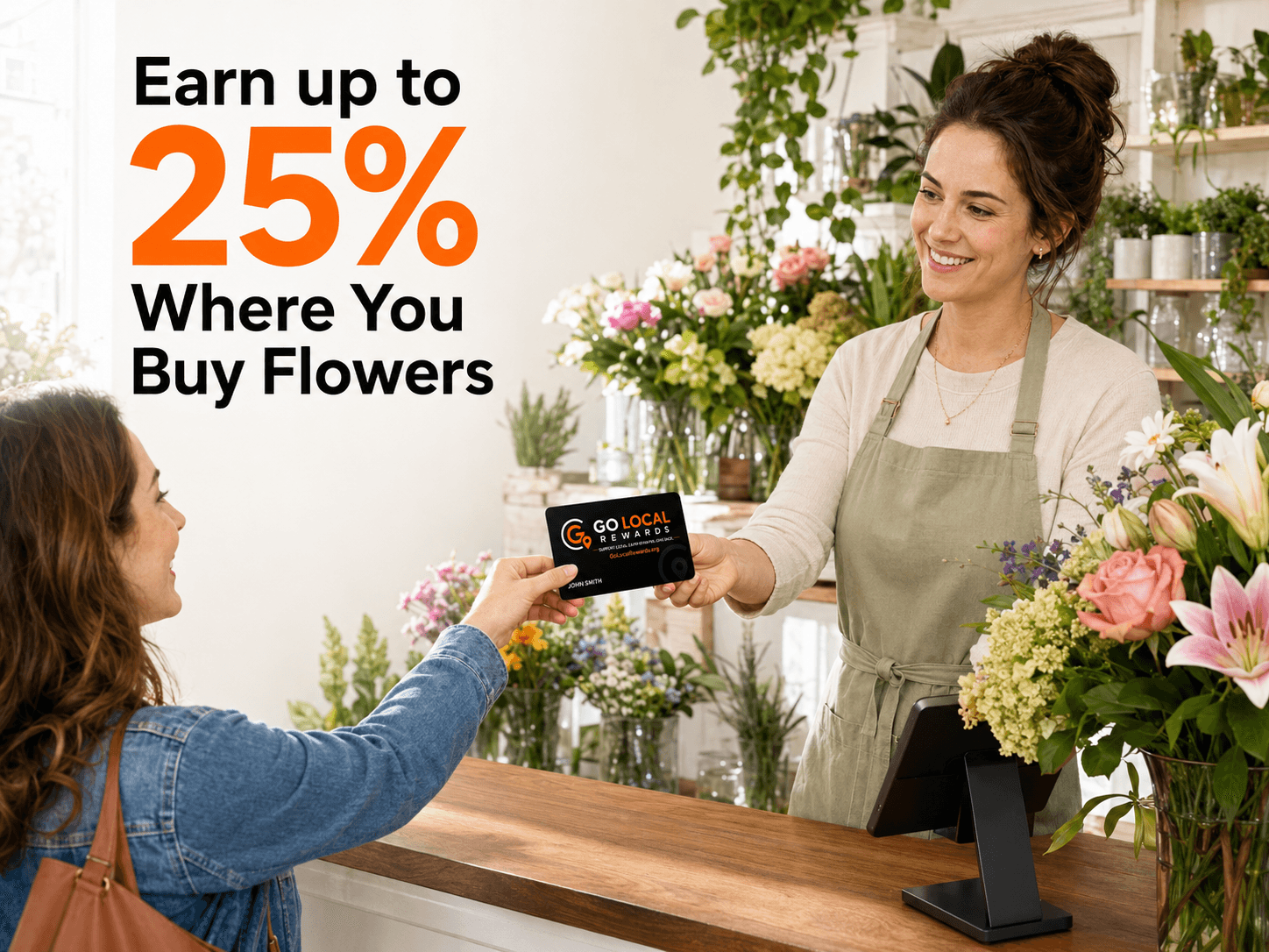 Customer using a Shop Local Rewards card at a local flower shop