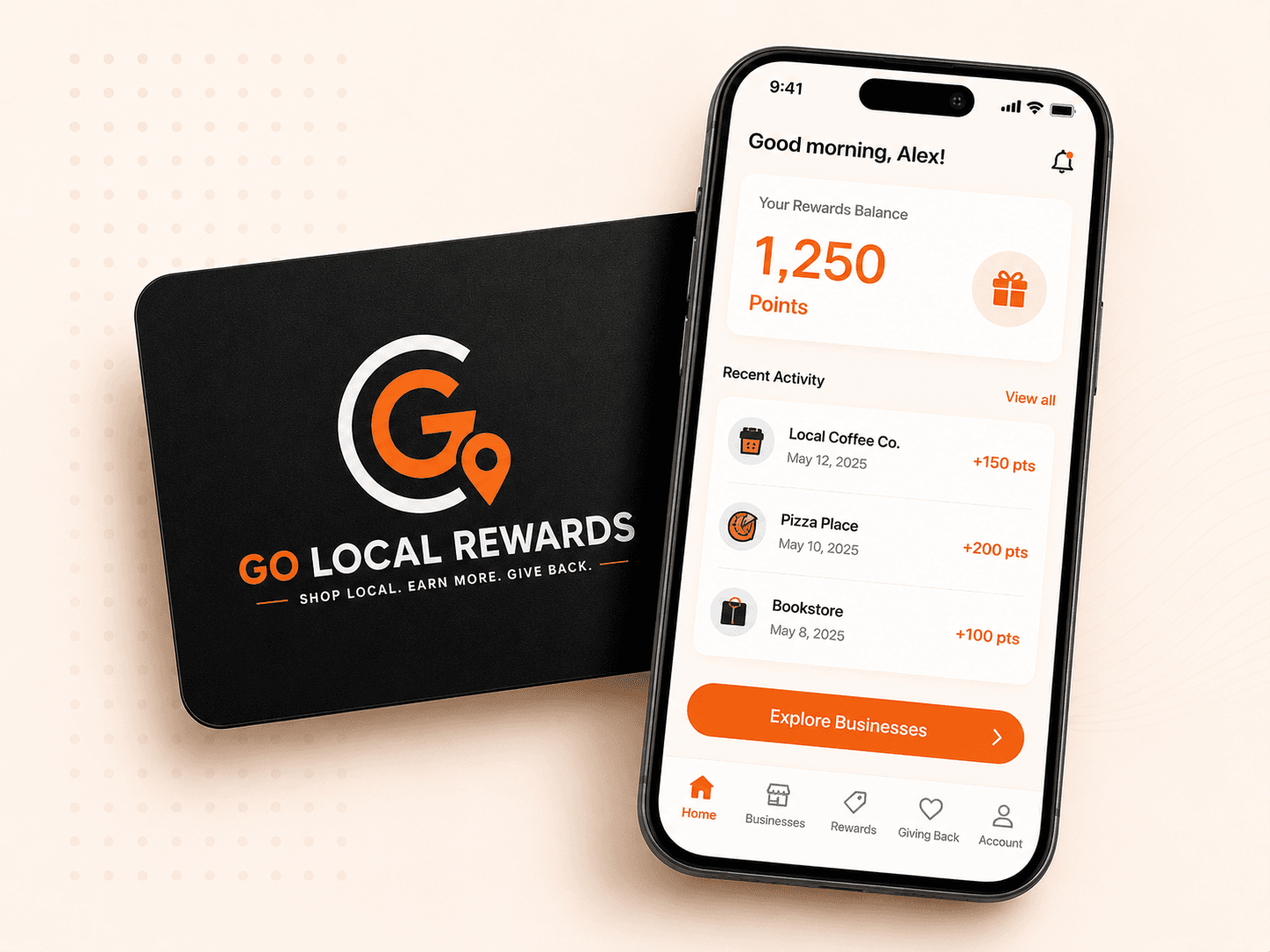 Shop Local Rewards mobile app and member card