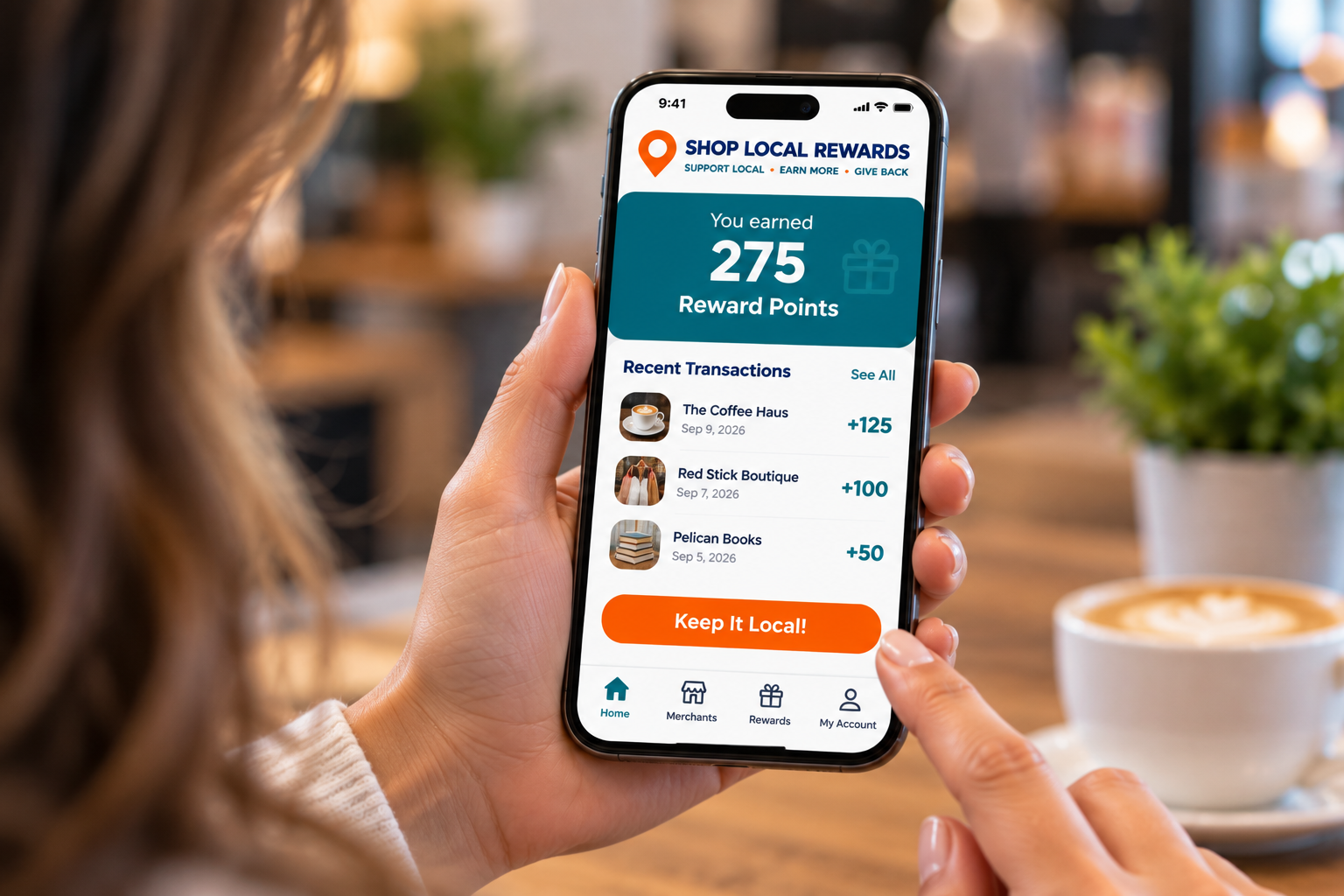 A phone showing a Shop Local Rewards account that reads You earned 275 Reward Points, with a latte in the background.