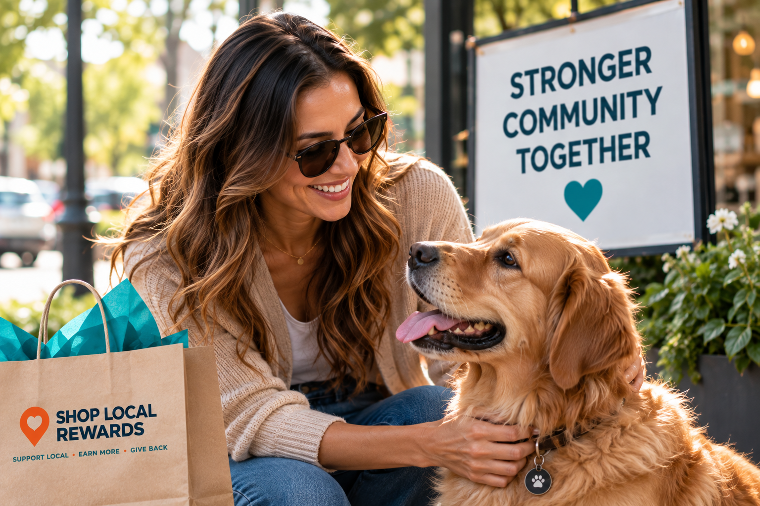 A member in sunglasses petting a golden retriever outside a local shop, beside a sign reading Stronger Community Together.